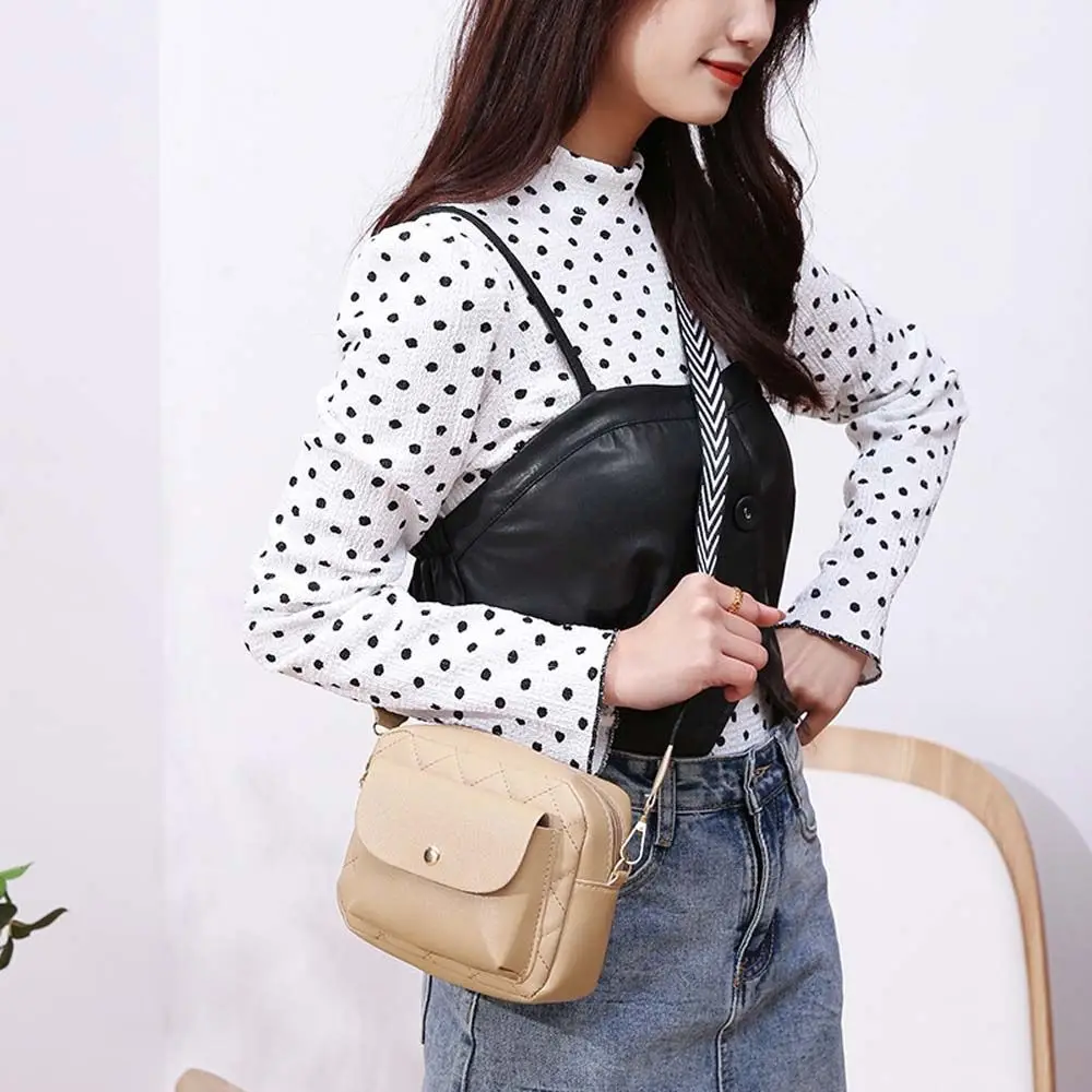 Outdoor Portable Diamond Flap-bag Girls Shoulder Pouch Wide Strap Square Handbag Messenger Bag Single Shoulder Bag Solid Color