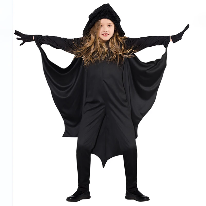 Childrens Bat Cloak Jumpsuit with Gloves Halloween Cosplay Costume Girls Tight Fitting Skeleton Dance Clothes Boys Overalls 3-8Y