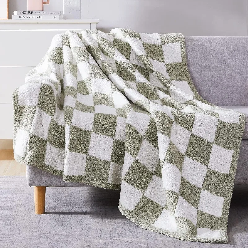 

Checkered Throw Blanket, Sage Green Microfiber Soft Cozy Fluffy Warm Hand Made Throw Blankets for Couch, Sofa, Chair, Bed