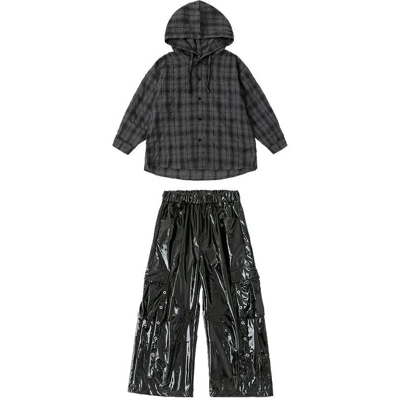 Costumi di danza jazz per ragazze Camicia scozzese con cappuccio Pantaloni di pelle Cool Kpop Outfit Gruppo Moda Hip Hop Street Dance Performance Wear