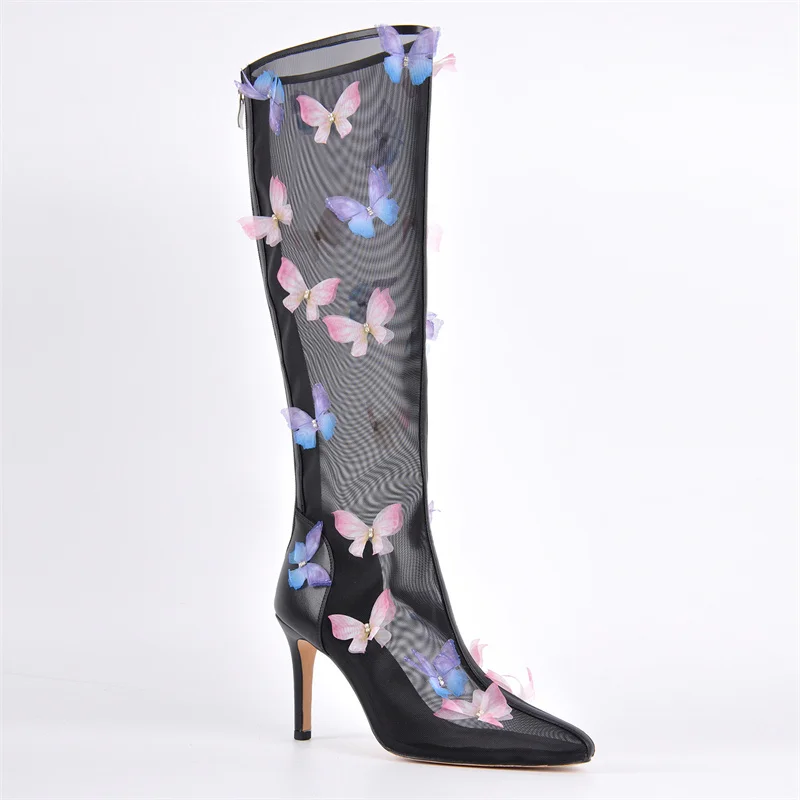 Onlymaker Women  Pointed Toe Butterfly Air Mesh  The Knee High Boots Zipper Sexy Sweet Thin High Heel Wedding Boots
