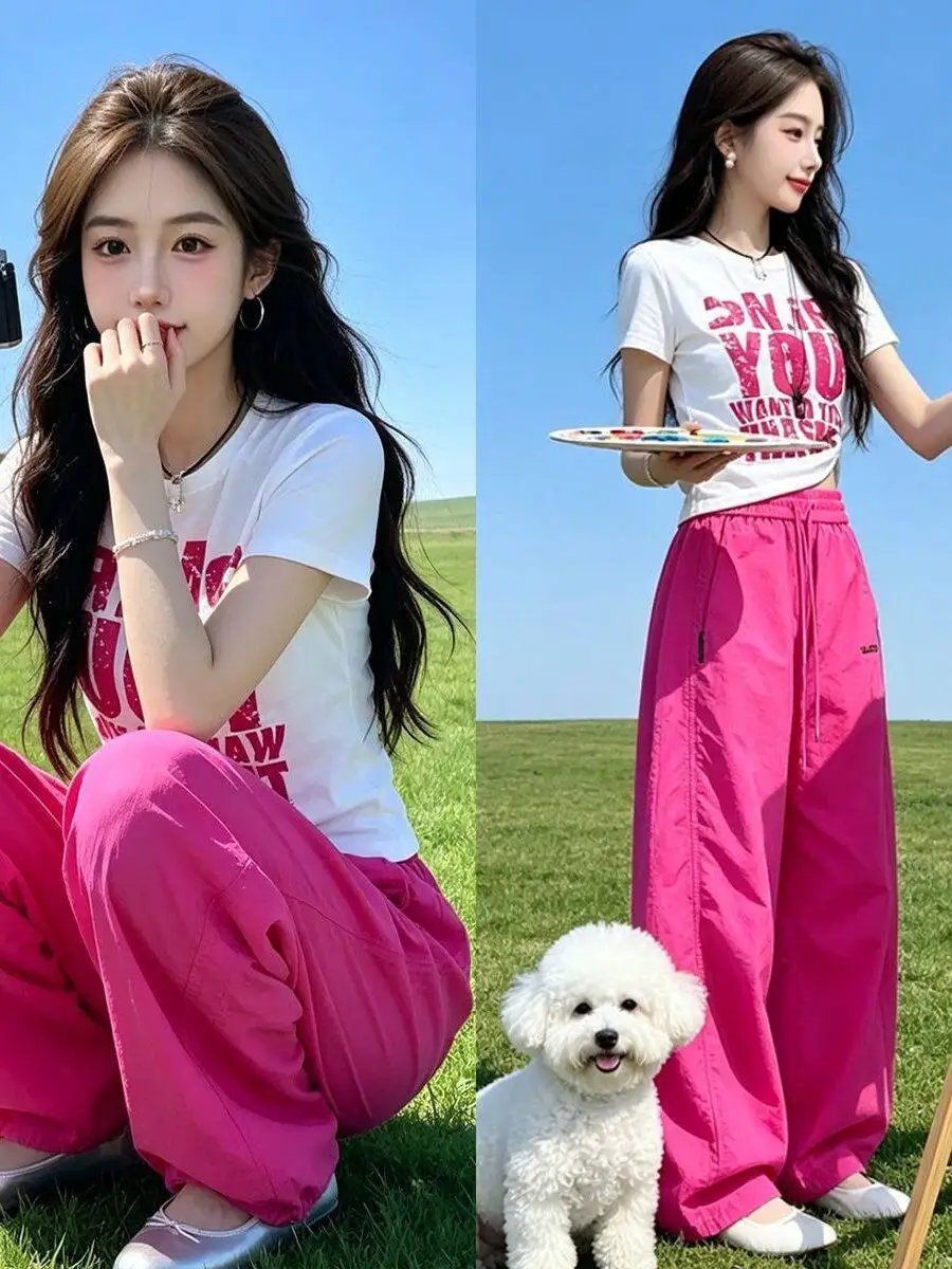 

plus Size Casual Sportswear Set Women Summer Short Sleeve T-Shirt And Paratrooper Wide Leg Pants Two Piece Set Breathable Med...