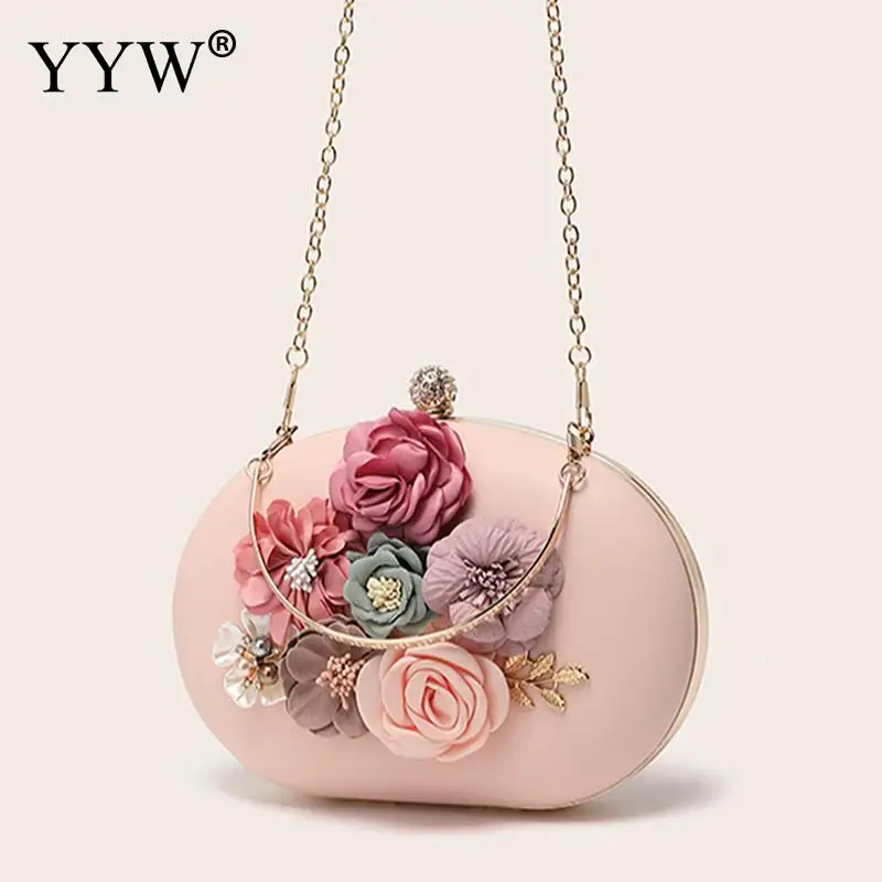 YYW Evening Clutch Handbag High Quality PU Leather Bags Floral Pattern Wedding Bridal Purse Pearl Bag Box Top Handle Chain Bags