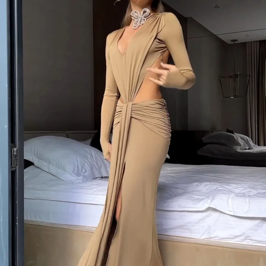 DSMTRC 2025 Sexy Cut Out Maxi Dress Outfits for Women Elegant Club Party Bodycon Full Sleeve Cut Out Dresses Vestido Autumn Chic