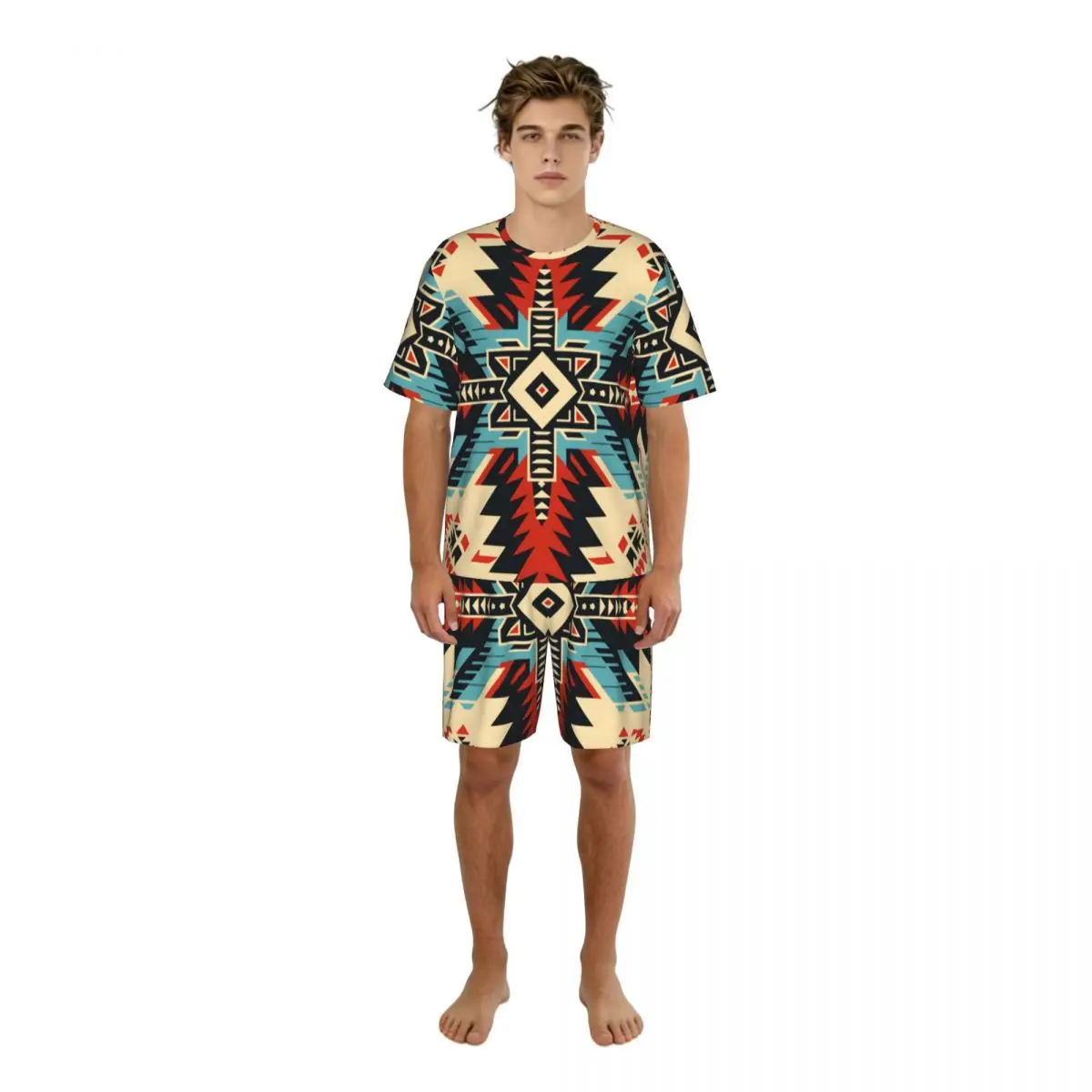 

Men's Casual Pajama Set Short Sleeve T-shirt Shorts Aztec Tribal Ethnic Boho Ornament Home Clothes Sleep Suit