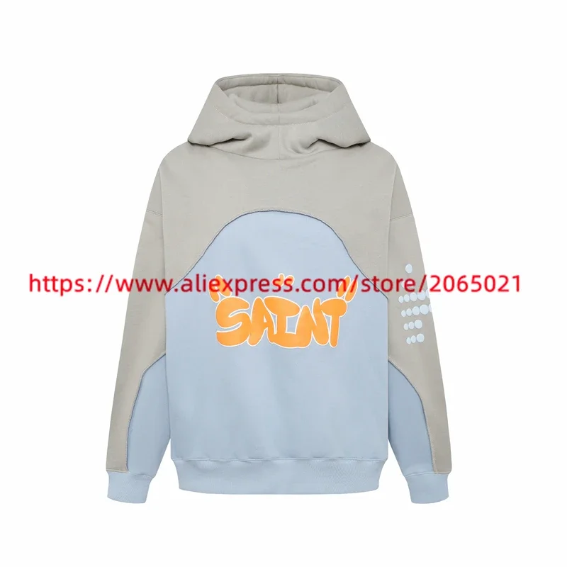 Saint Patchwork Hoodie Men Women Oversized Heavy Fabric Pullovers Hooded