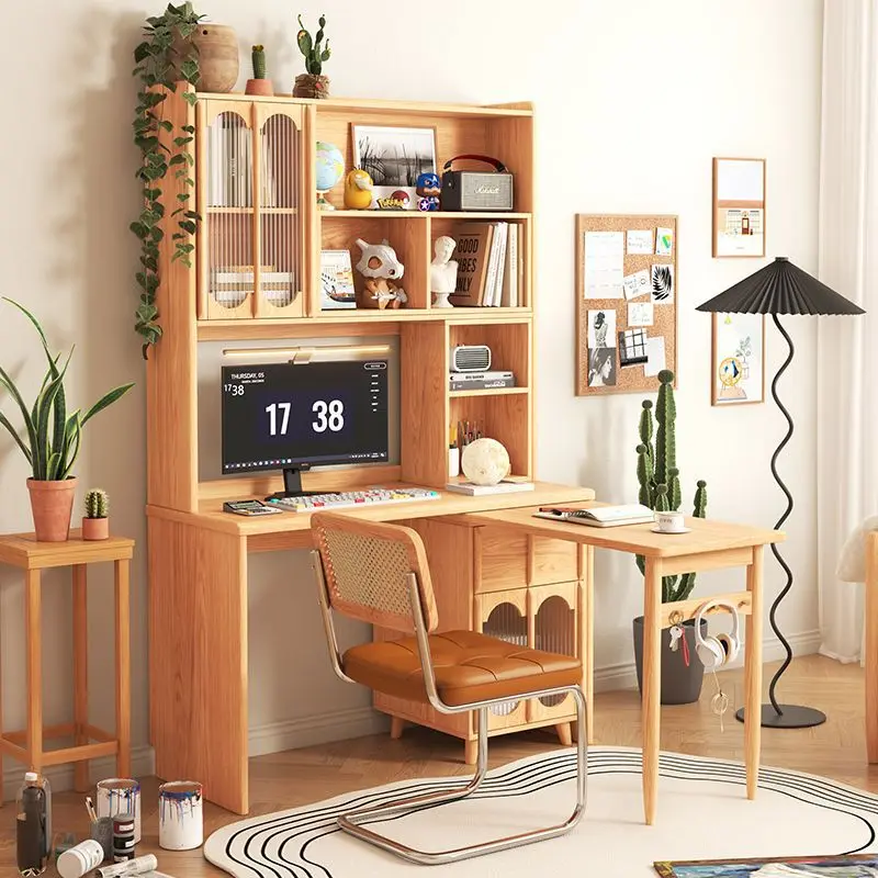 Solid wood desk bookshelf bookcase integrated folding corner desk combination children's study table computer desk