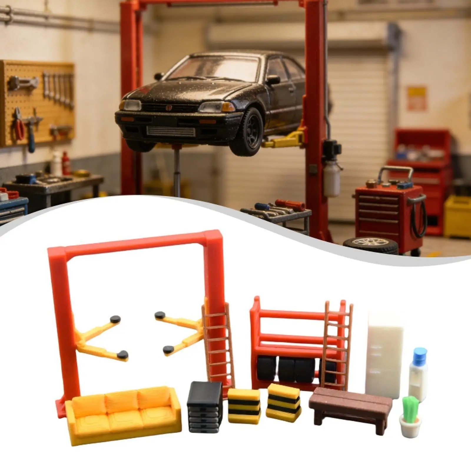 

1/64 Auto Repair Tool Model Set Photo Props Diorama Realistic Micro Garage Scene Decor Mini Three Seater Sofa for Sand Table