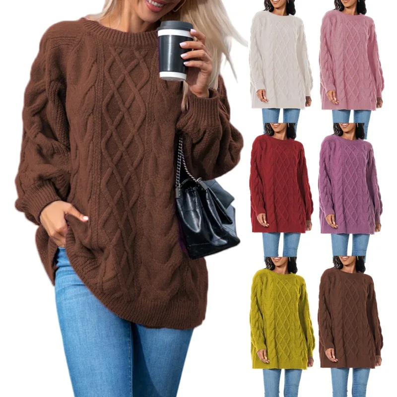 Autumn Solid Color Knitted Sweater Thick Needle Large Size Pullover Twist Long Sleeve Outer Sweater