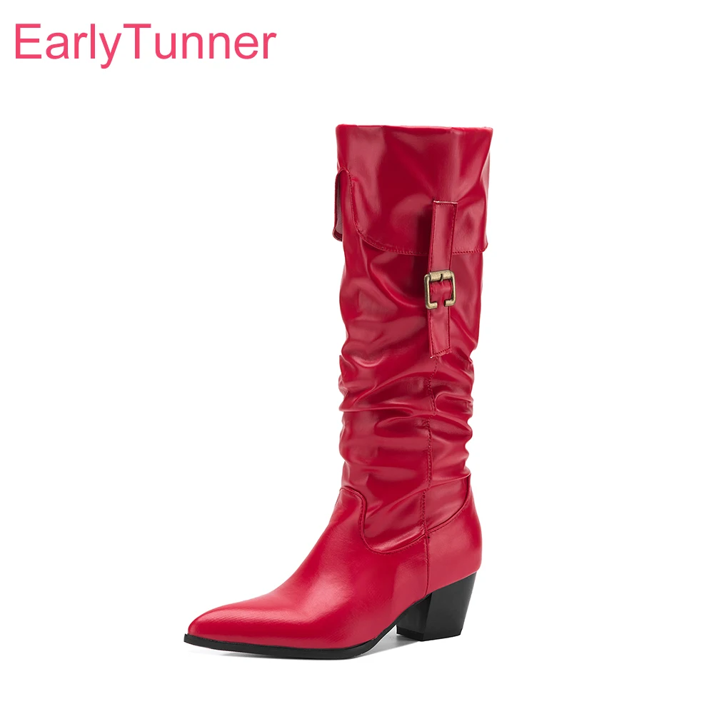 2026 Winter Mature Women Knee High Boots Pointed Toe High Chunky Heels Office Lady Dress Shoes Large Size 11 43 46