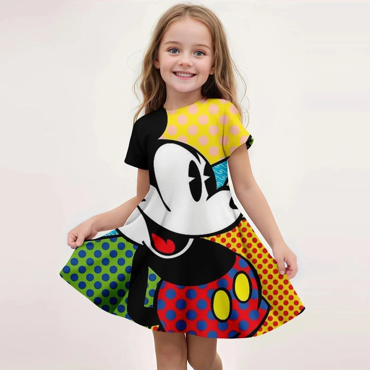 Disney Mickey Mouse Girl Dress MINISO Summer Girl Dress Cute 3D Print Fashionable Children's Clothing Party Performance Dress