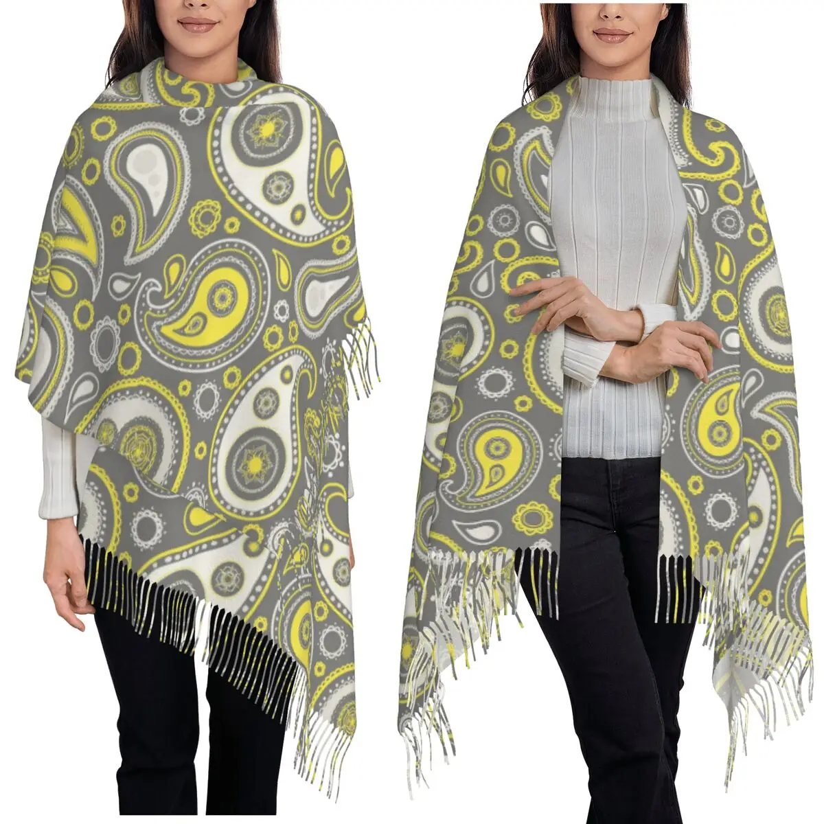 

Желтый и серый шарф с узором пейсли, шарфы с кисточками, женские мягкие теплые шали и накидки, длинная осенне-зимняя шаль