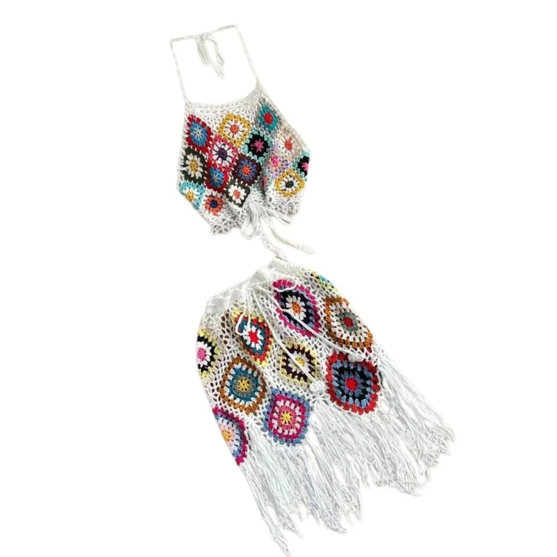 Halterneck Crochet Knit Top with Tassels Short Skirt Bohemian Outfit for Women