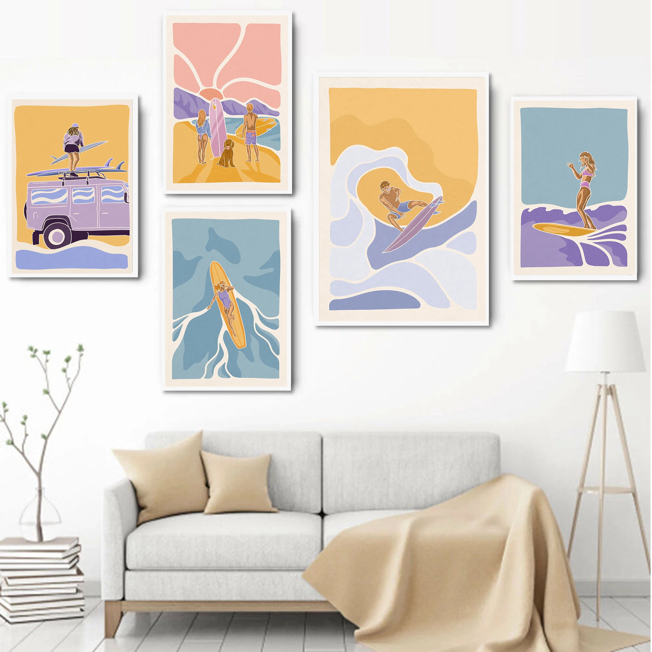 Canvas Painting Minimalist Surf Girl Posters Ocean View Beach House Prints Art Pictures Home Sporty Teen Girl's Room Wall Decor