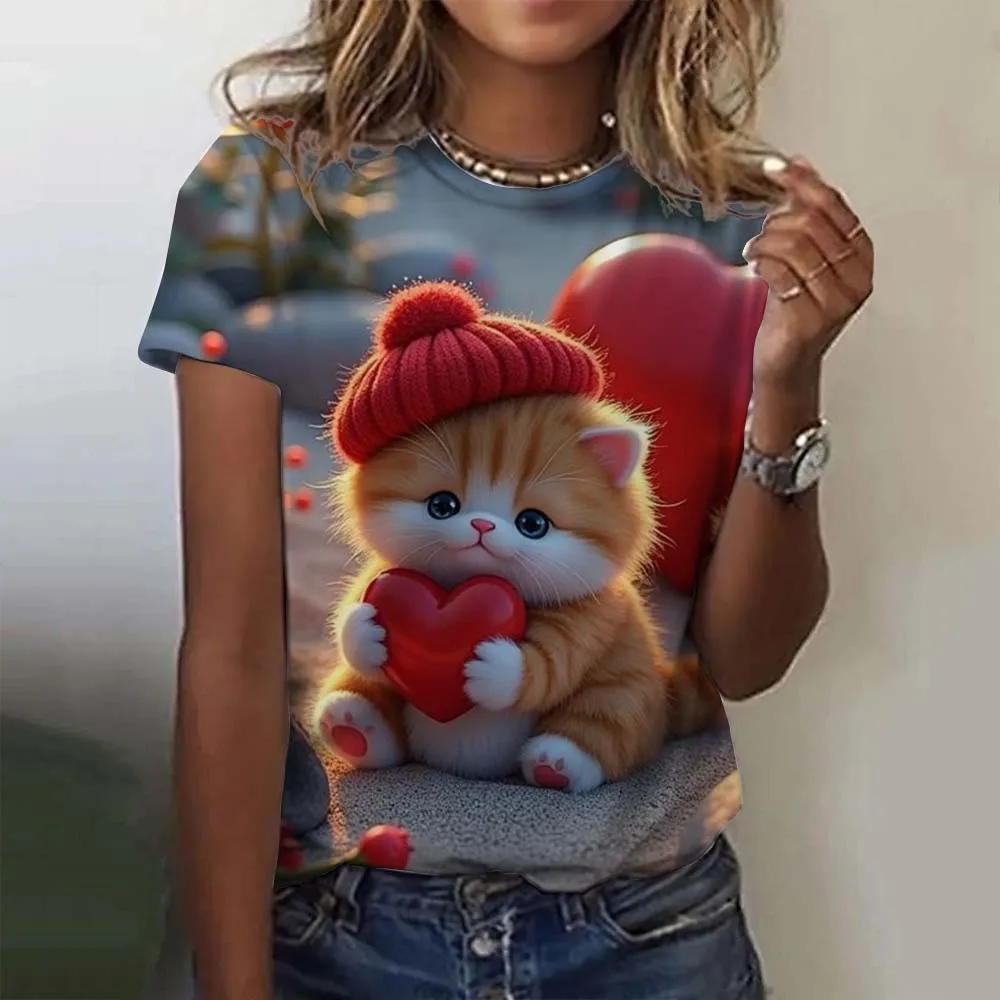Women\'s T-Shirt Animal Cute Cat 3D Printed Oversized T-Shirt Summer Fashion New Women Clothing Y2k Female Tops Girl Tees