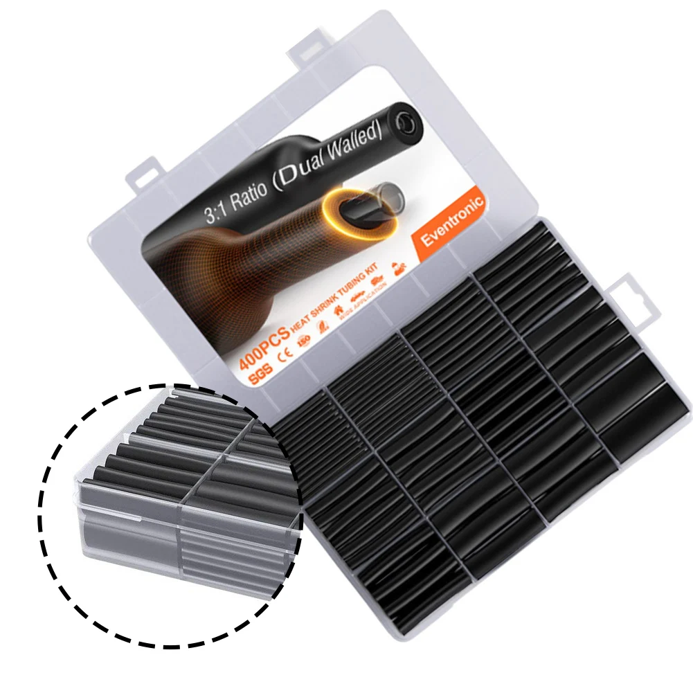 400Pcs 3:1 Cement Lined Marine Heat Shrink Tubing Kit Industrial Grade Black Lined Inner Wall For A Waterproof Seal