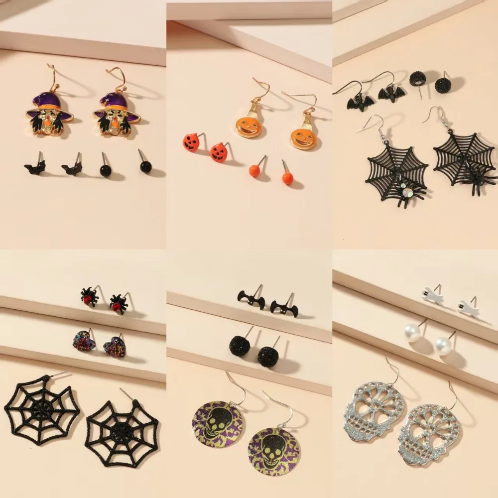 3pcs Set Cartoon Cute Orange Drip Glaze Pumpkin Face Pendant Stud Earrings for Women Halloween Witch Bat Spider Jewelry Sets