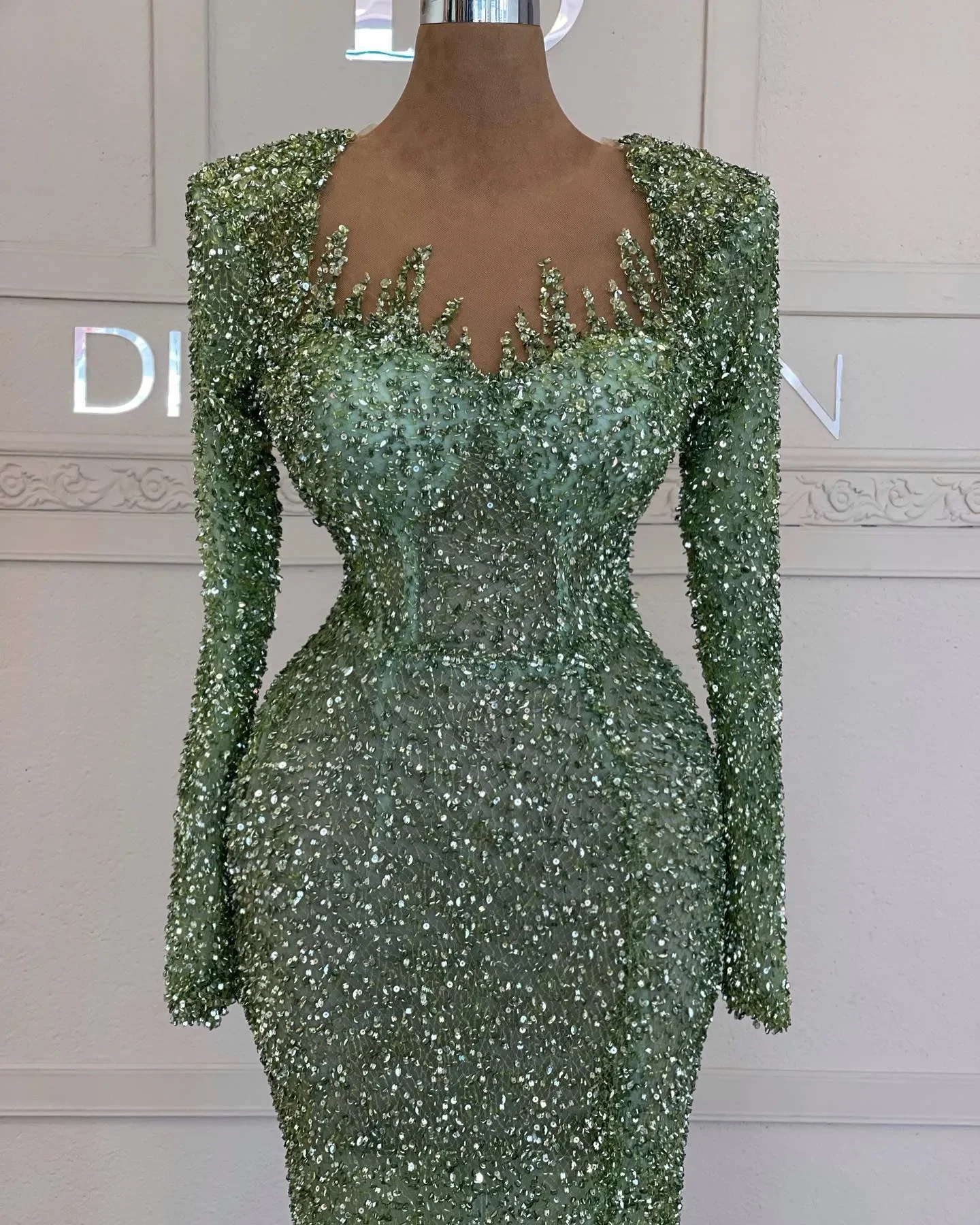 Groene avondjurken zeemeermin volledige mouw handgemaakte lovertjes backless hofjurk feestjurken vestido de noite aangepast