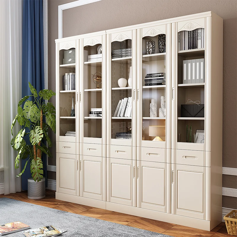 

All solid wood bookcase, bookcase, bookcase with glass door, modern simple Chinese combination, oak floor-to-ceiling white stora