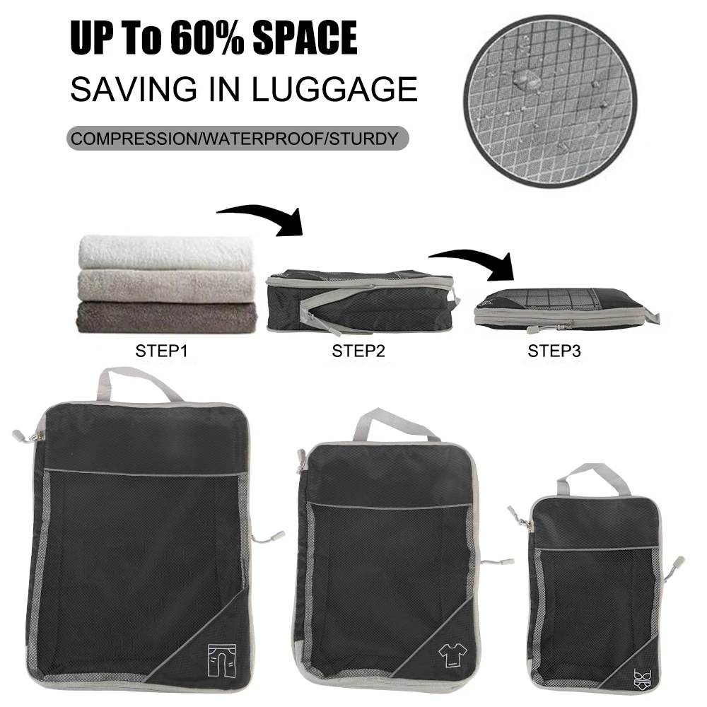 Malha Visual Bagagem Organizador Set, Viagem De Armazenamento, Leve, Cubos De Embalagem Portátil, Compressível Mala Sacos, 3,6 Peças