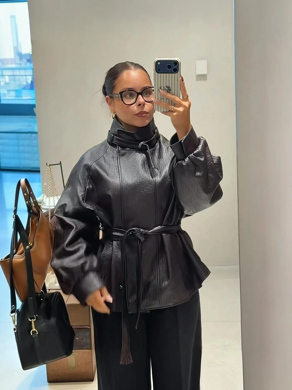 Guobioziy Women's Slim Fit Belted Faux Leather Jacket 2026 Spring-Autumn New European-American Casual Fashion Punk Street Style