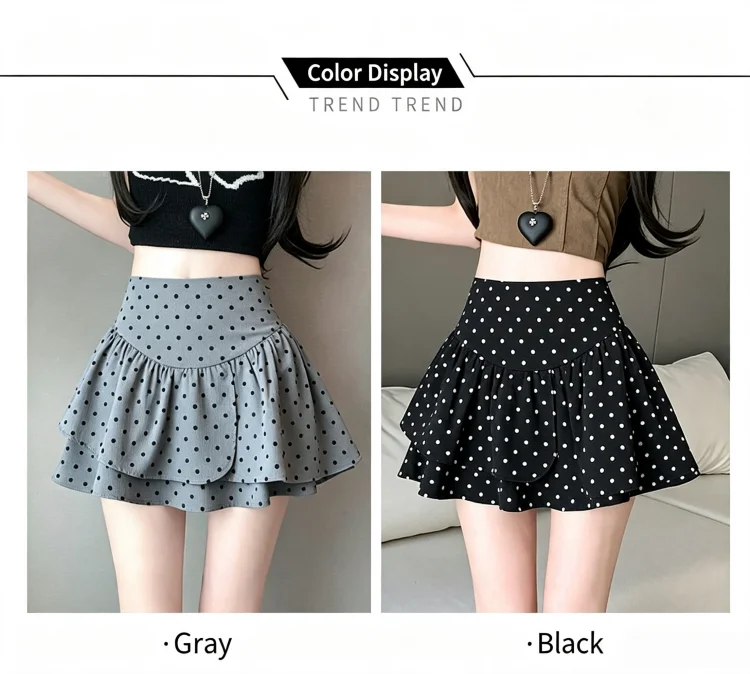 Koreanischer Stil Damen Polka Dot Minirock Hohe Taille Rüschen A-Linie Lässiger Pendler-Kurzrock mit Innenfutter – Detail 1