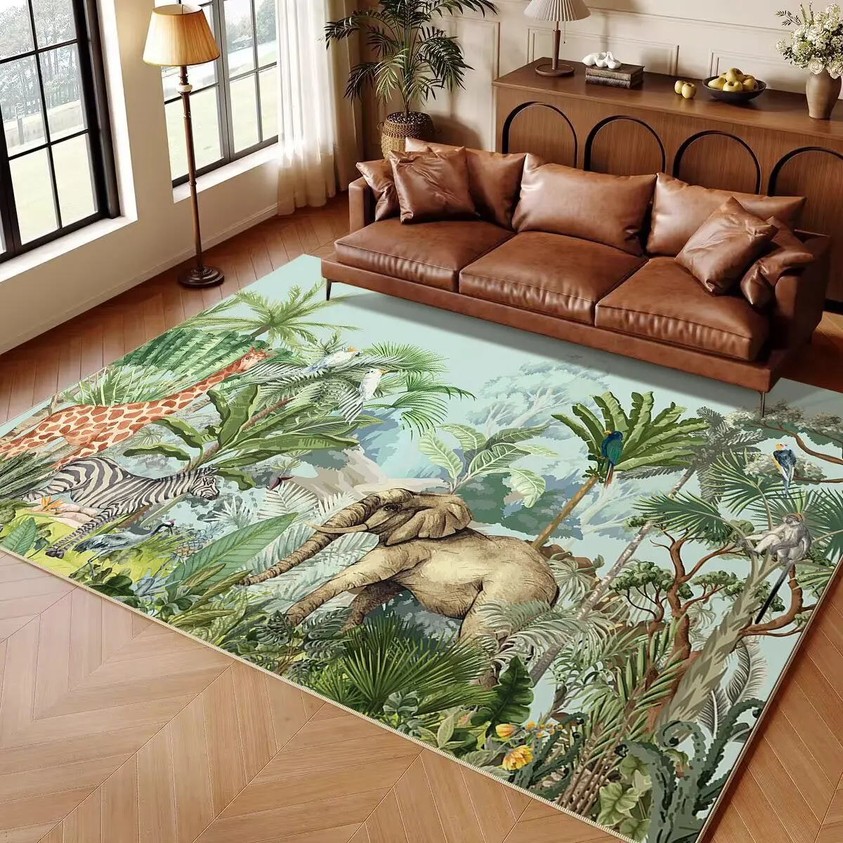 Bohemian Jungle Safari Animal Print Area Rug Tropical Wildlife Carpet for Living Room Decor Giraffe Tiger Crocodile Floor Mats