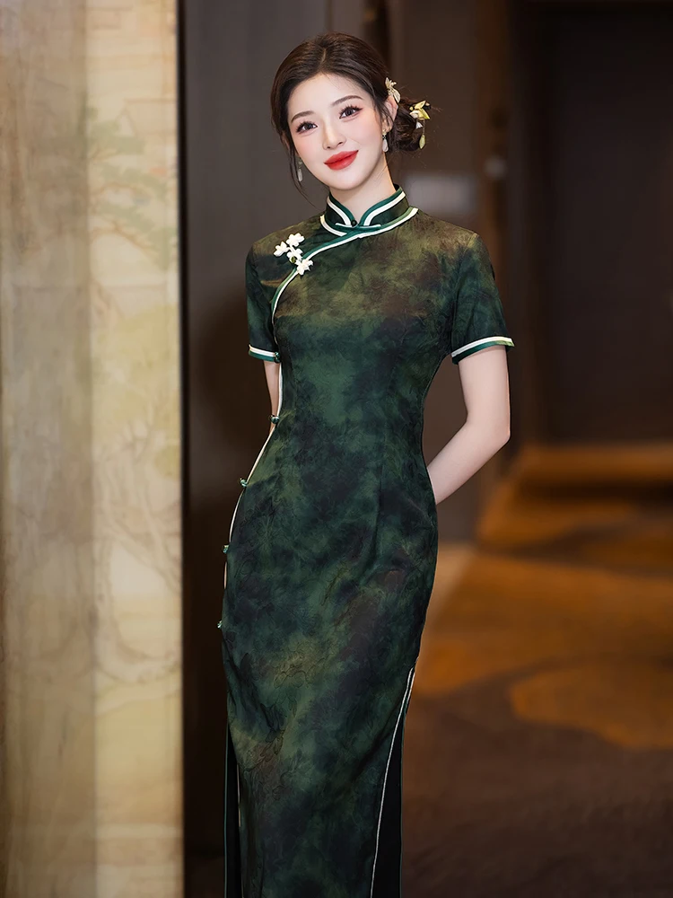 

Элегантная блузка Slimming Anghai в винтажном китайском ретро-стиле из дышащего полиэфирного волокна, с коротким рукавом, длинная.