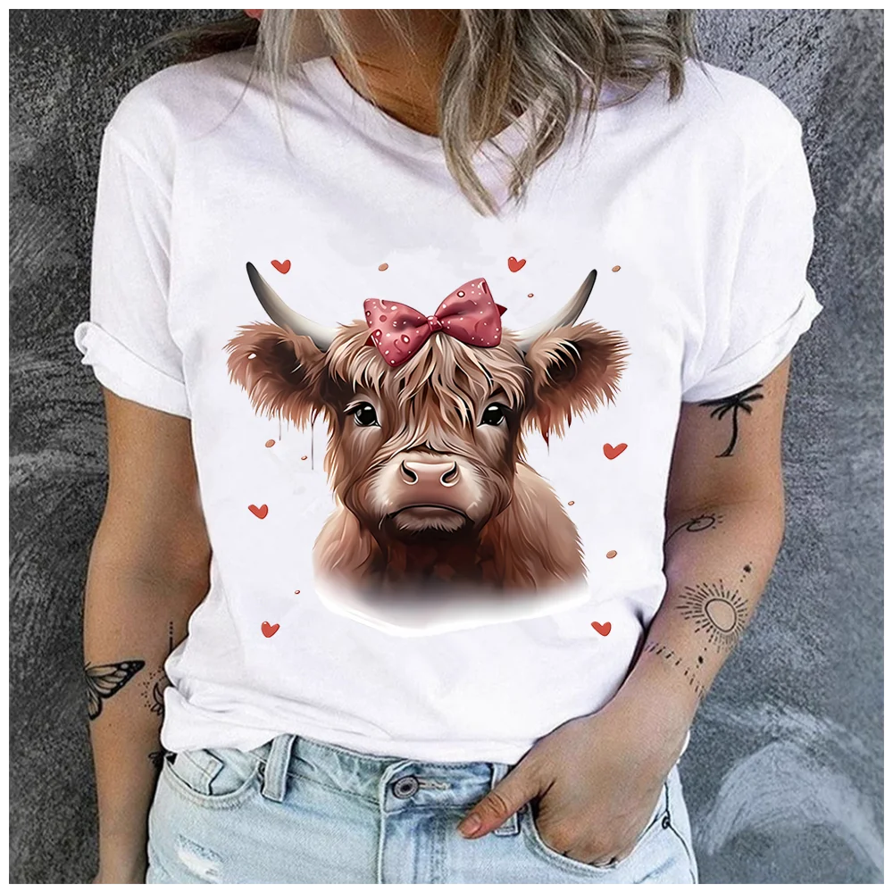 Women's Cotton 100% Belted Cow Print Base T-shirt Loose round Neck Casual Short Sleeve Fashion Top Wholesale Clothing Summer