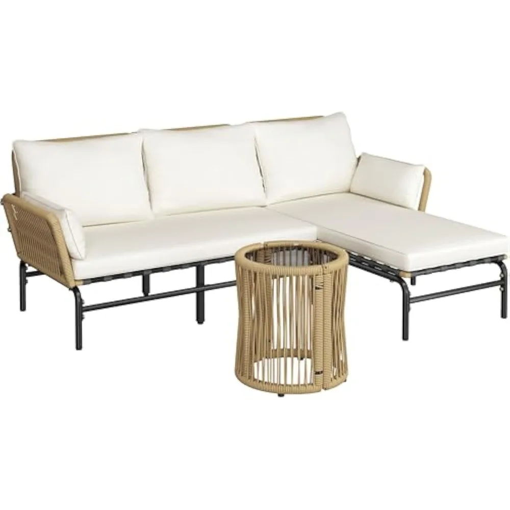 

3 Pieces L-Shaped Conversation Sofa Set, Outdoor Patio Furniture Set w/Detachable Lounger, Thick Cushions, Glass Side Table