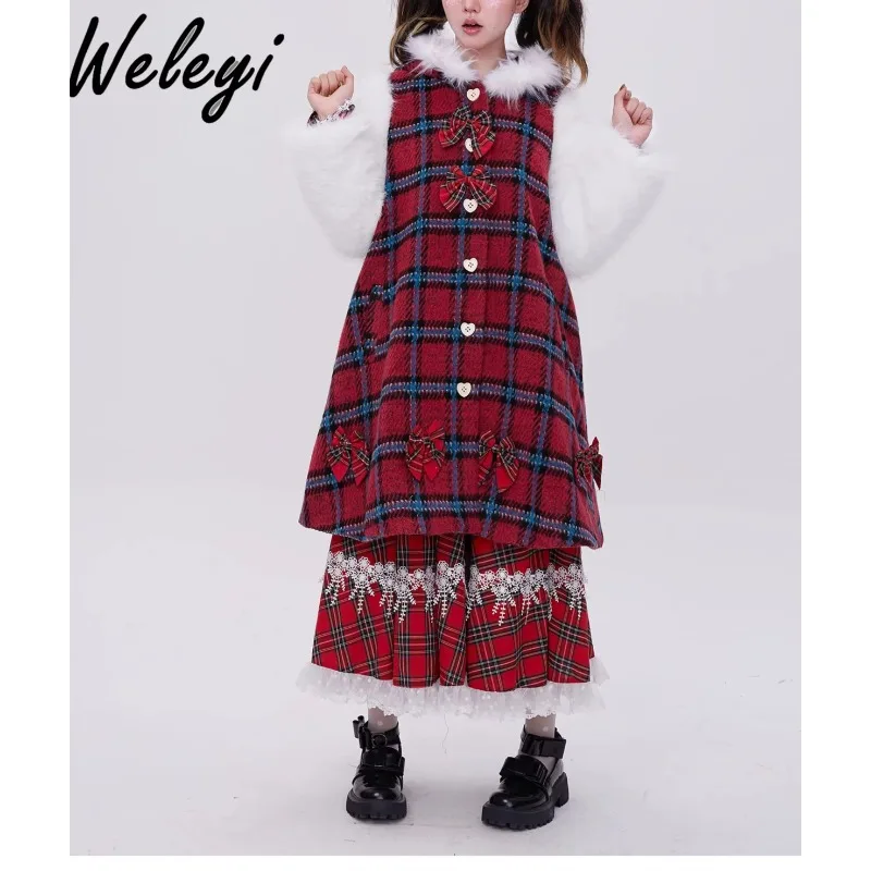 

Japanese Sweet Red Plaid Hooded Tweed Coat Woman 2024 Fall and Winter New Cute Retro Christmas Long Furry Coat Jaqueta Feminina