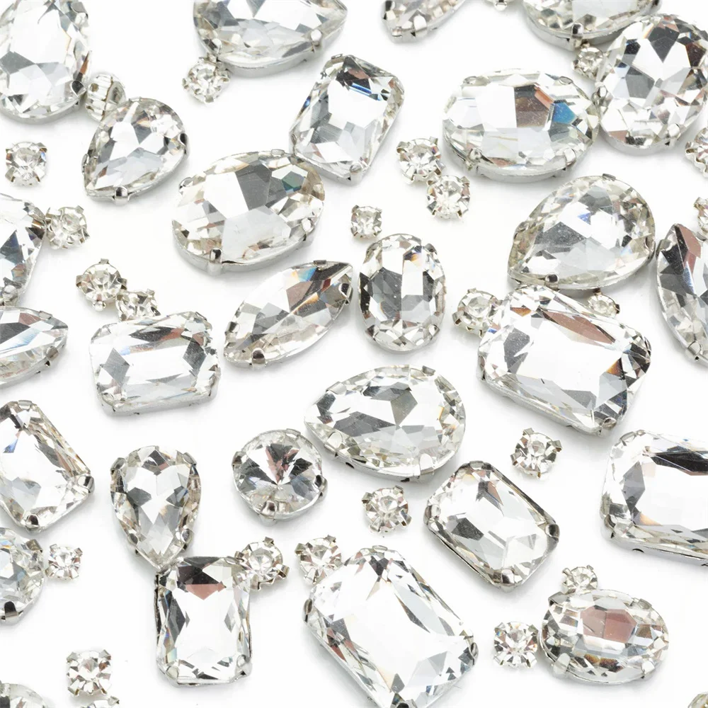 130pcs Mix Color Big Water Drop Glass With Sliver Iron Claw Sew On Stone Strass Metal Base Buckle For Wedding Decoration Clothes