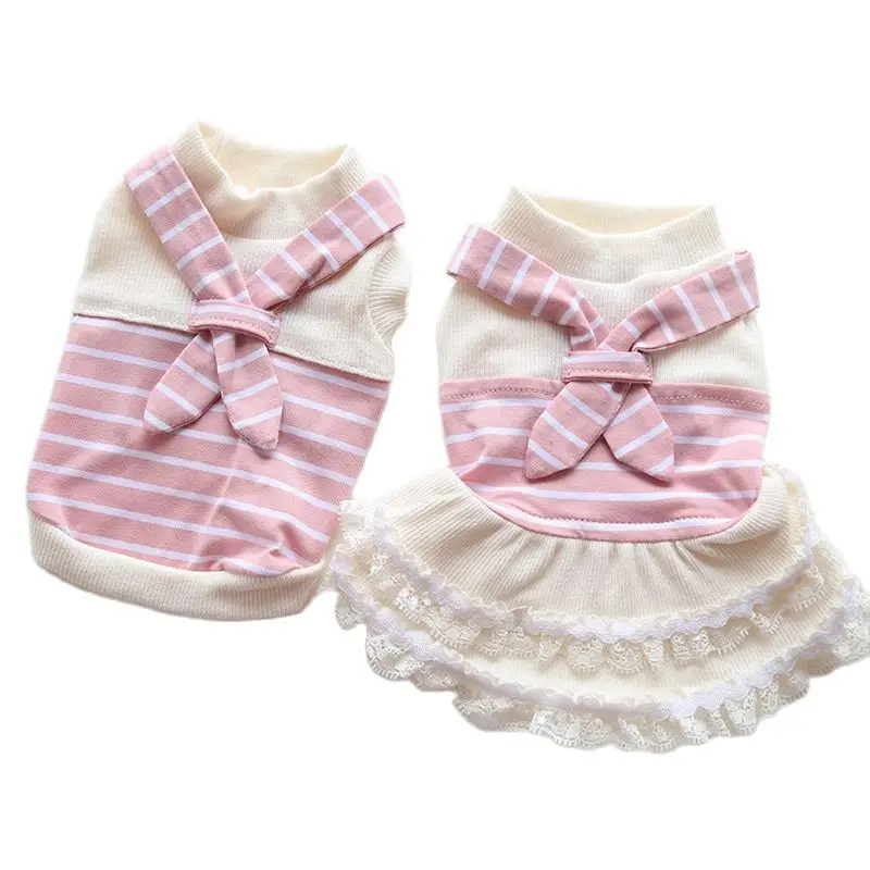 الكلاب والقطط فستان/تي شيرت مخطط وشاح تصميم الحيوانات الأليفة جرو قميص الربيع/ملابس الصيف الزي