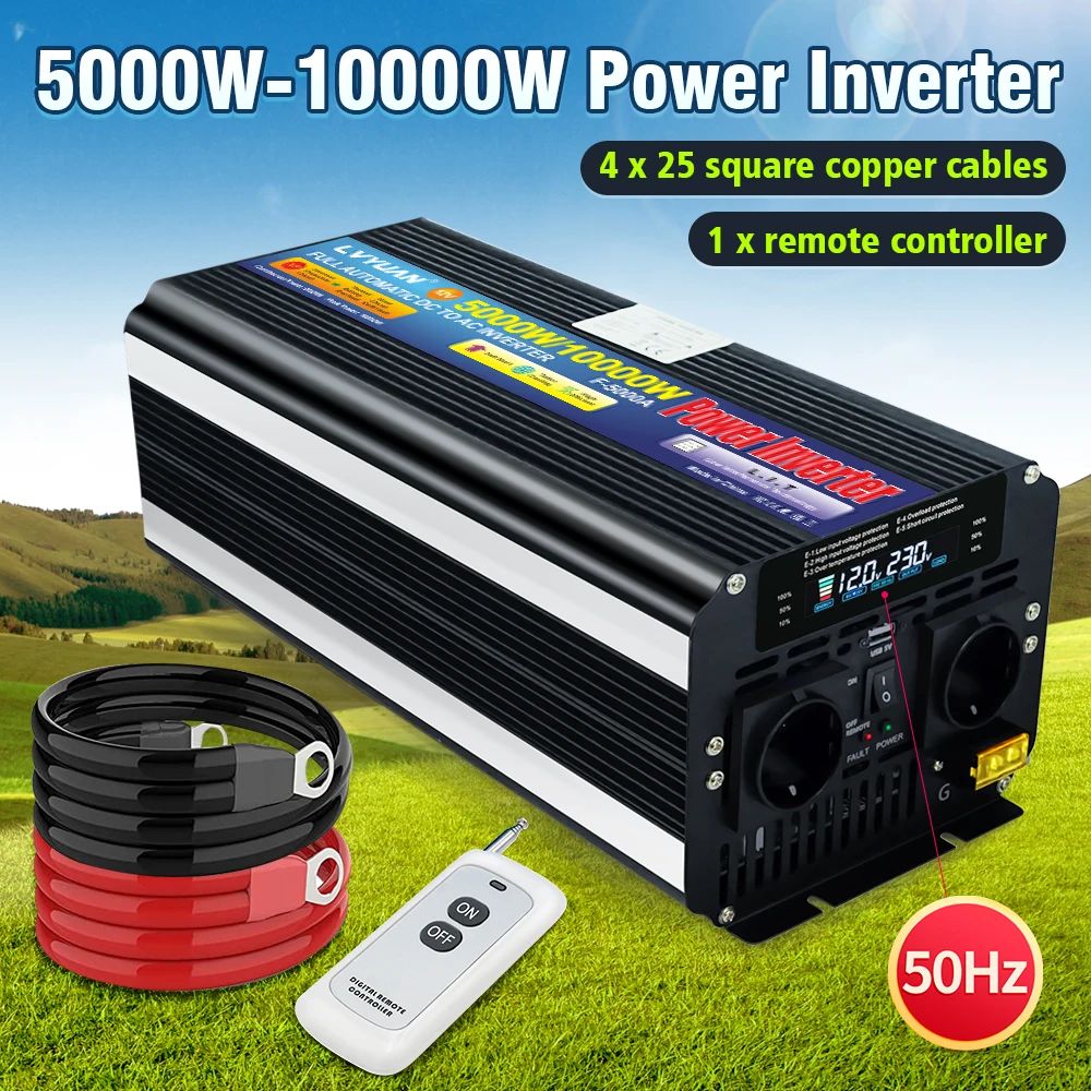 Inverter 10000W Power DC 12V 24V To AC 220V Voltage 50HZ Converter Solar Car Inverter With LCD