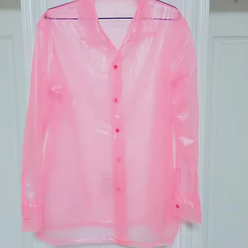 

Man Sexy See Through PVC Plastic Shirt Long Sleeve Soft Smooth Transparent Thin Gloss Top Private Party Club Waterproof Coats