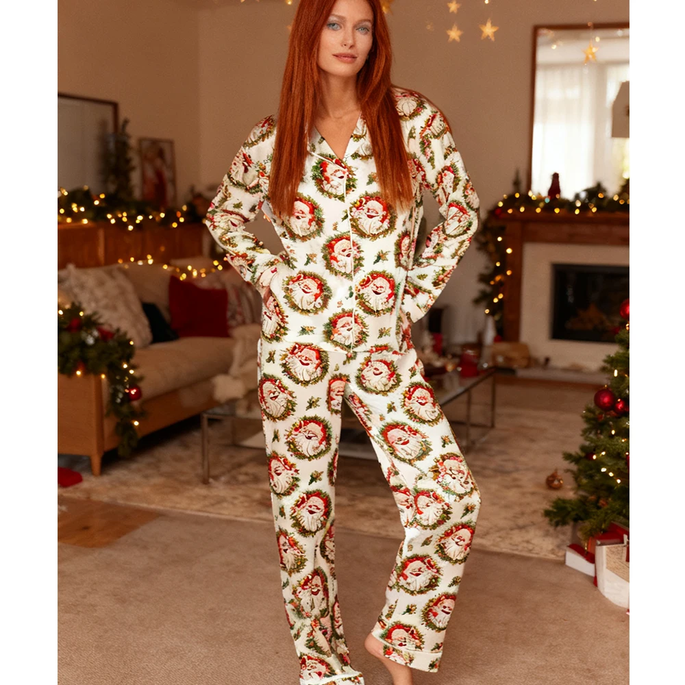 

2025 Women Christmas Pajamas Sets Santa Claus Print Button Long Sleeve Lapel V Neck Shirts Tops and Pants Loungewear 2pcs Sets