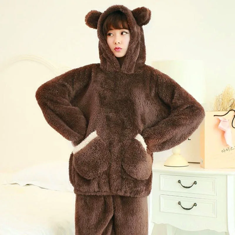 Autumn Winter Women's Padded Plus Size Cartoon Bear Pajamas Cute Coral Velvet Sleepwear Suit Long Sleeve Girls Loungewear Set