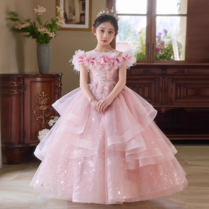 Girls' Dress A Stunning Pink High-end Host Girl's Princess Dress for Her Birthday Children's Piano Performance Costumes