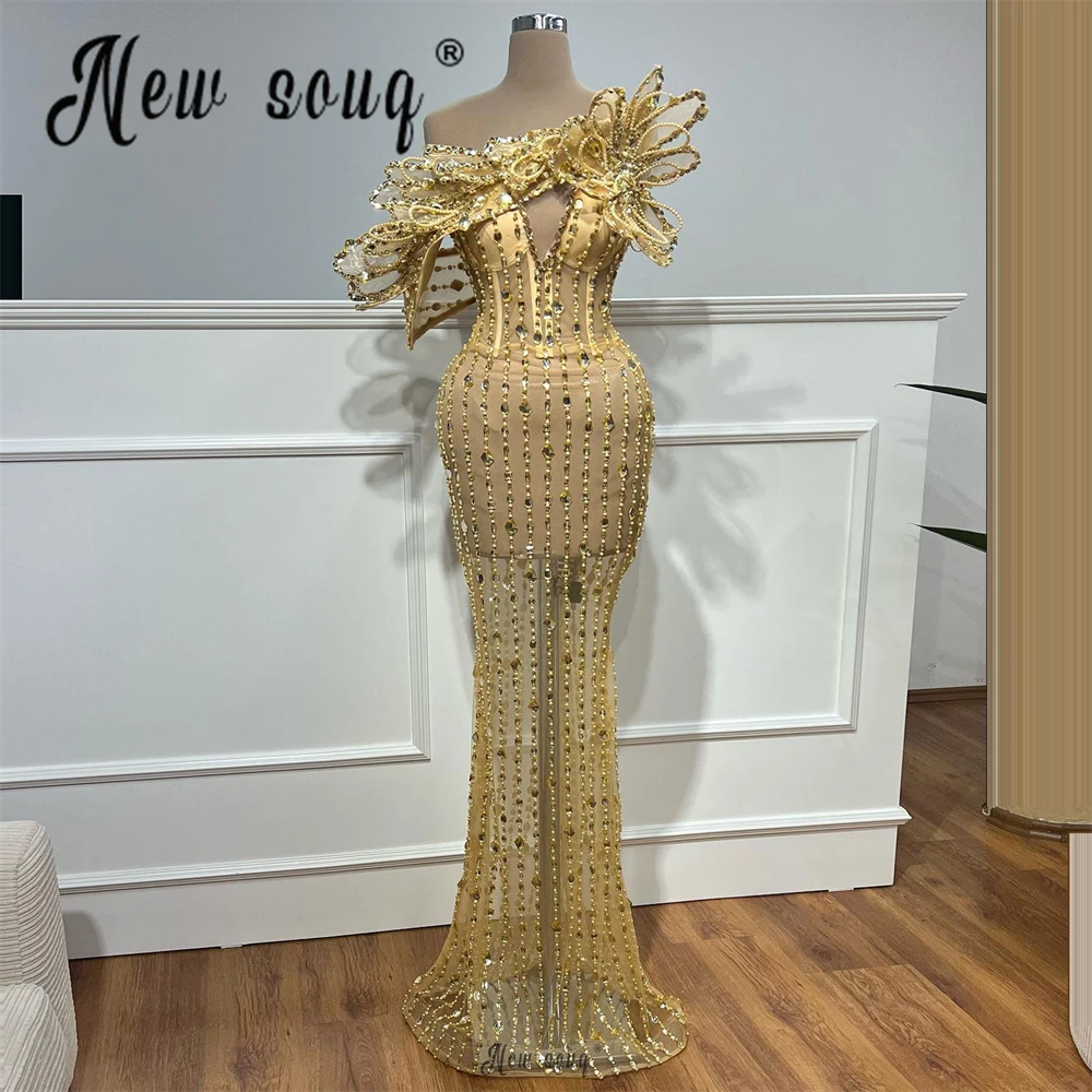 Gold Dubai Heavy Crystals Party Dress Customized 3D Leaf Sexy Cocktail Dance Night Gowns Second Reception Dress For Celebrity