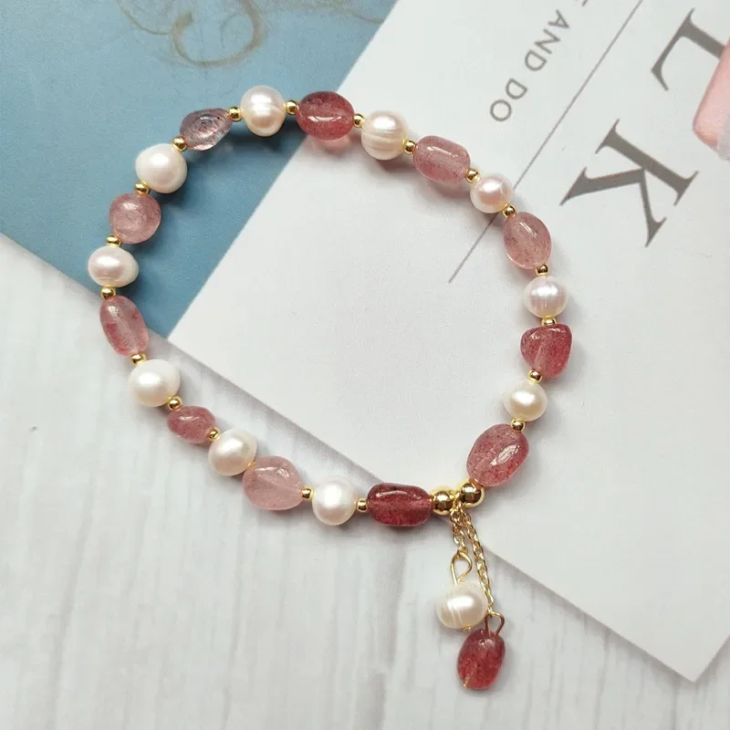 14k Gold Wrapped Ins Niche Design Natural Freshwater Pearl Bracelet for Women with Elastic Rope and Strawberry Crystal Bracelet