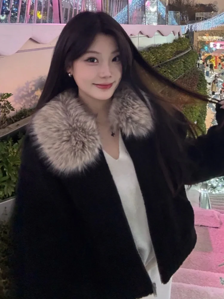 

Американский вязаный свитер, пальто, женское осенне-зимнее пальто маленького размера с меховым воротником, теплая милая модная верхняя одежда