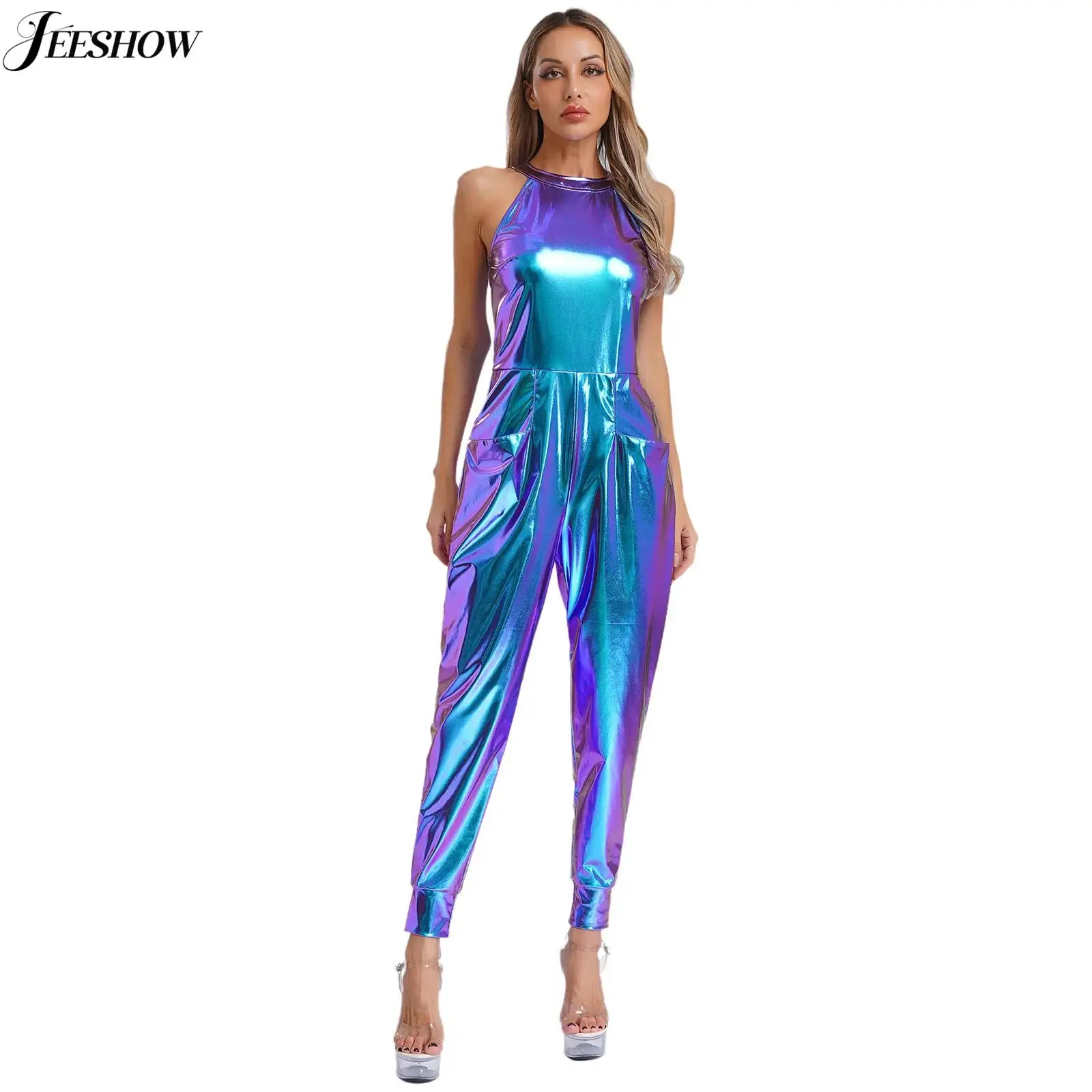 

Womens Shiny Metallic High Waist Jumpsuit Sleeveless Cut Out Backless Zipper Rompers Holographic Rave Party Outfits Street Wear