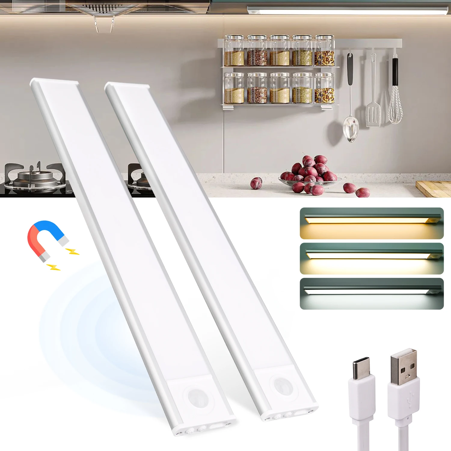 

2 шт. USB перезаряжаемый датчик движения светодиодный барный светильник беспроводной ультратонкий ночник для кухни спальни шкафа освещения шкафа