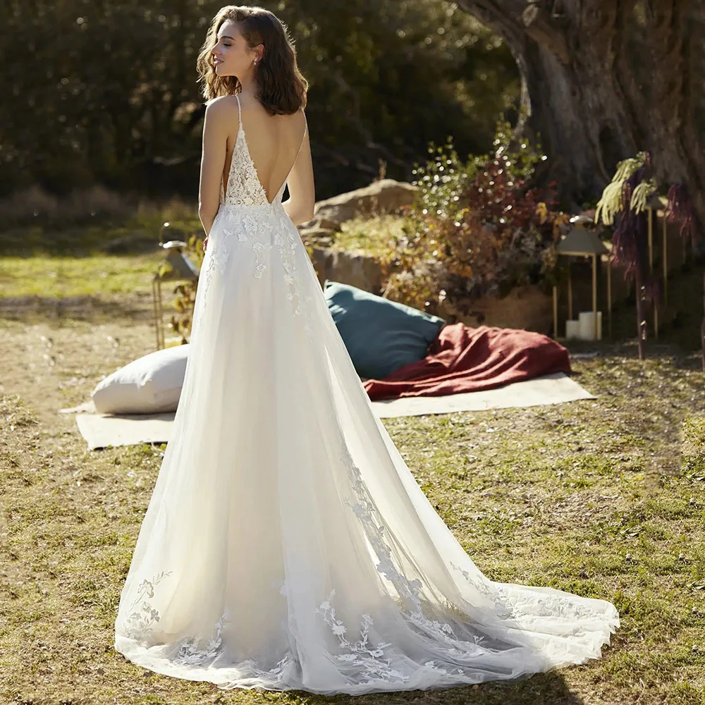 Remarkbale – Robe De Mariée à bretelles Spaghetti, col en V, avec des Appliques en dentelle, ligne A, dos ouvert, avec traîne