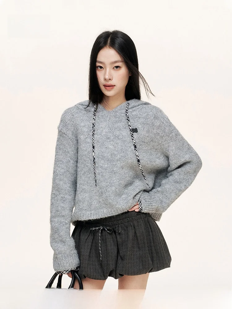 

Вязаный клетчатый топ Liilou с капюшоном на шнурке, свободный повседневный крой, ретро-стиль, из полиэфирного волокна, с длинными рукавами, укороченный, цветной