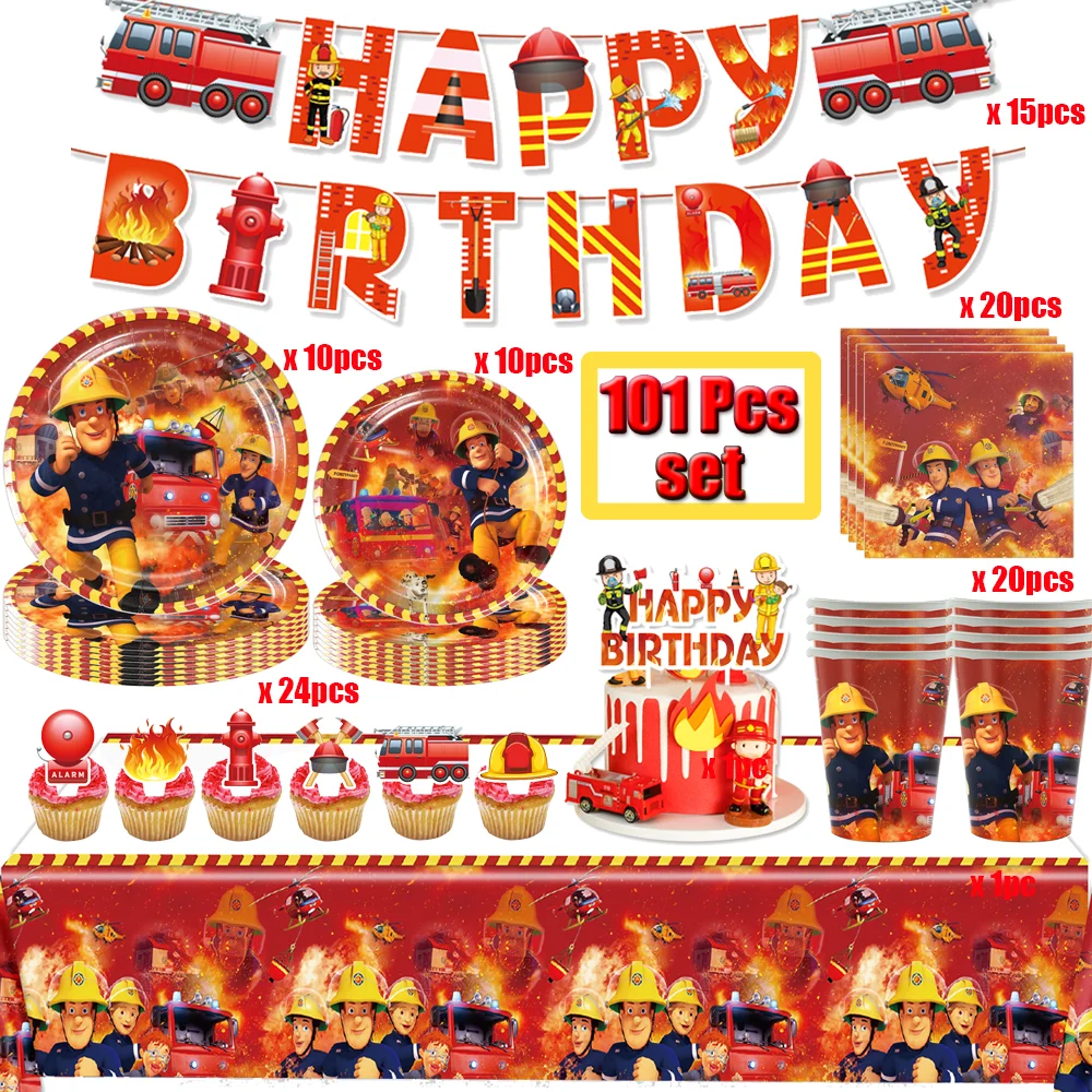 Fireman Sam Baby Shower Supplies Fire Engine Birthday Party Decorations Foil Balloons Tableware Plate Napkin Party Supplies Boy