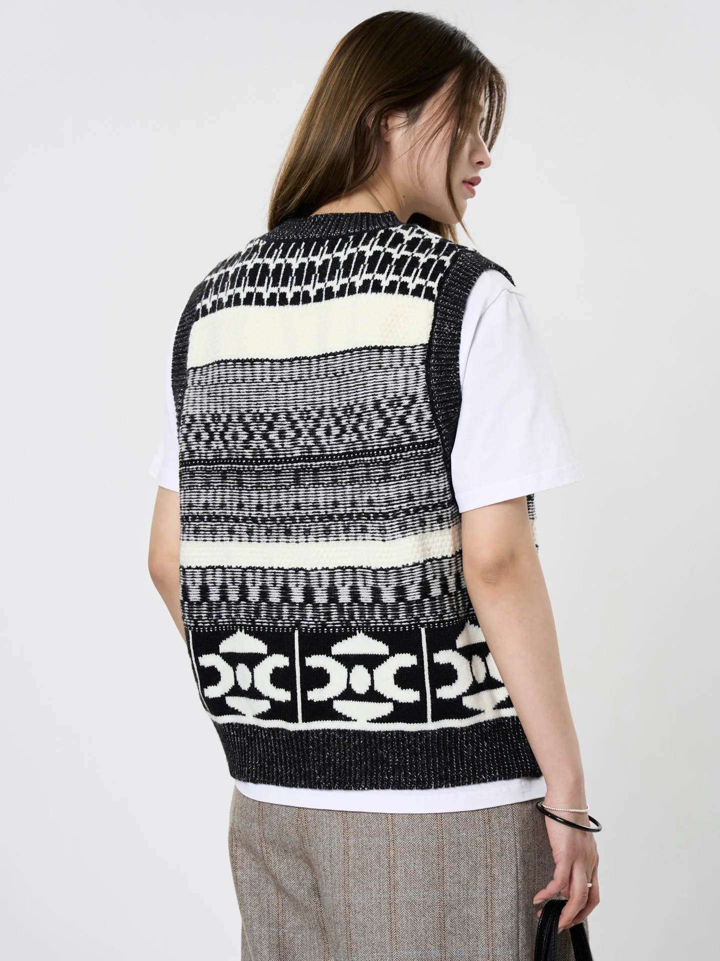 Primavera e outono feminino casual padrão geométrico em torno do pescoço solto colete de malha