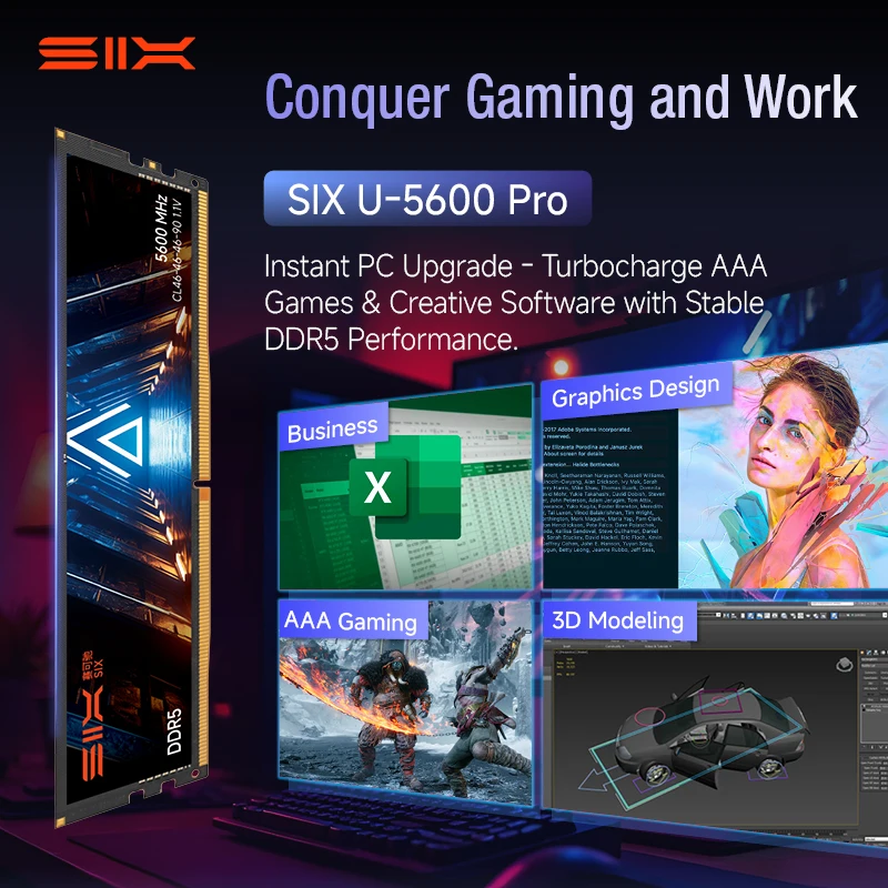 SIX U-5600PRO DDR5 RAM 32 GB UDIMM, 5600 MHz CL46-46-46-90, modulo di memoria desktop