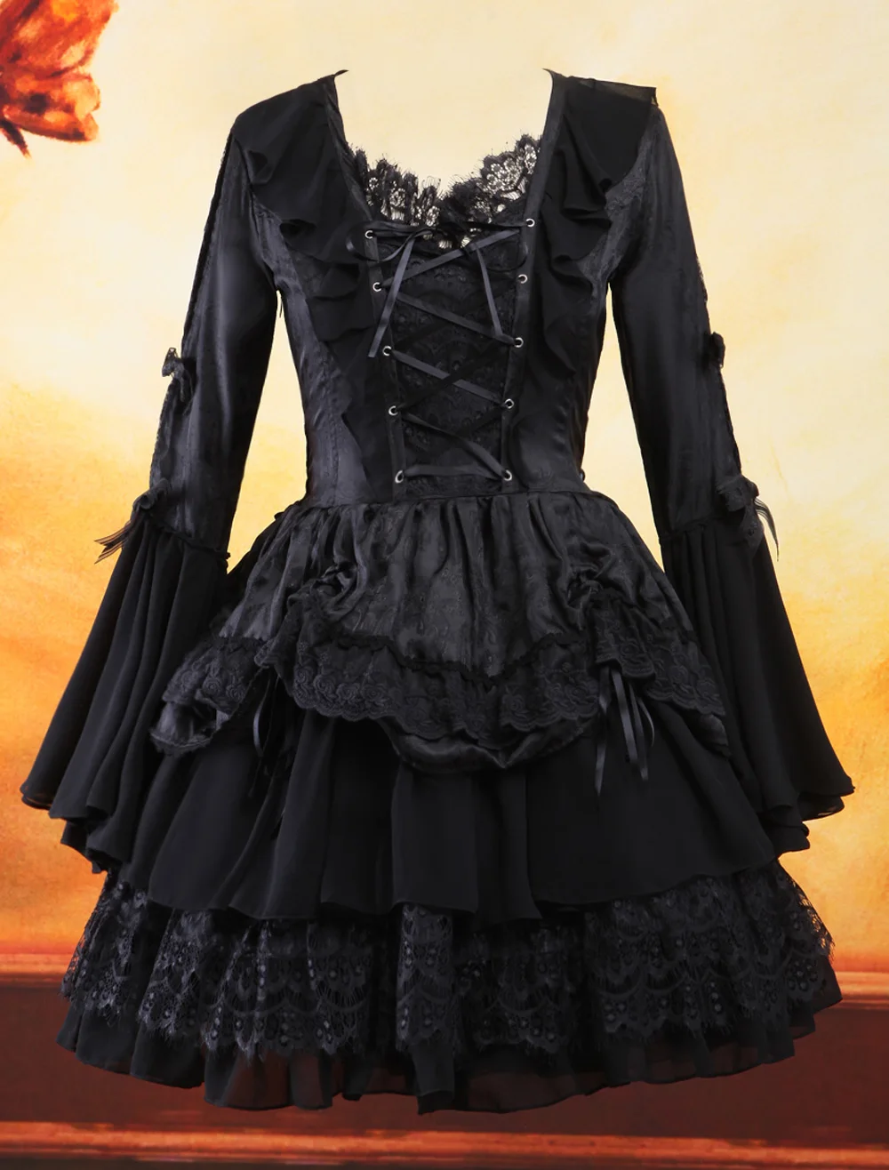 Robe gothique noire Lolita une pièce, manches longues, couches à lacets, garniture en dentelle