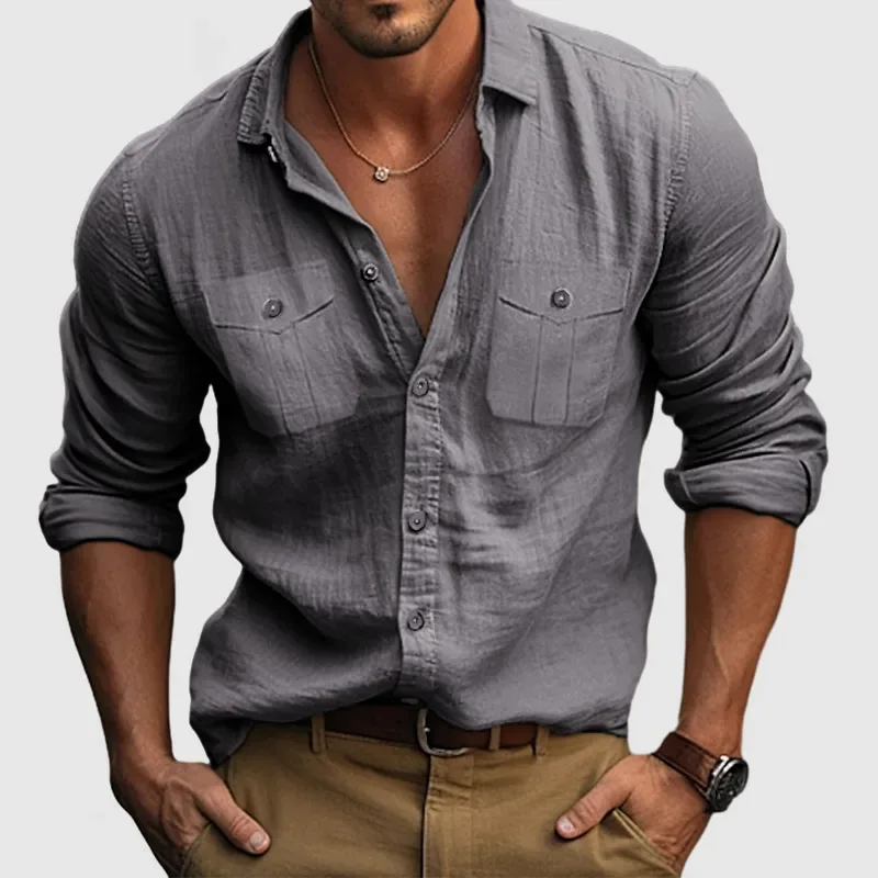 

Spring Summer Beach Style Casual Shirts Men Double Pocket Fashionable Solid Color Holiday Breathable Blouse Male Tops Plus Size
